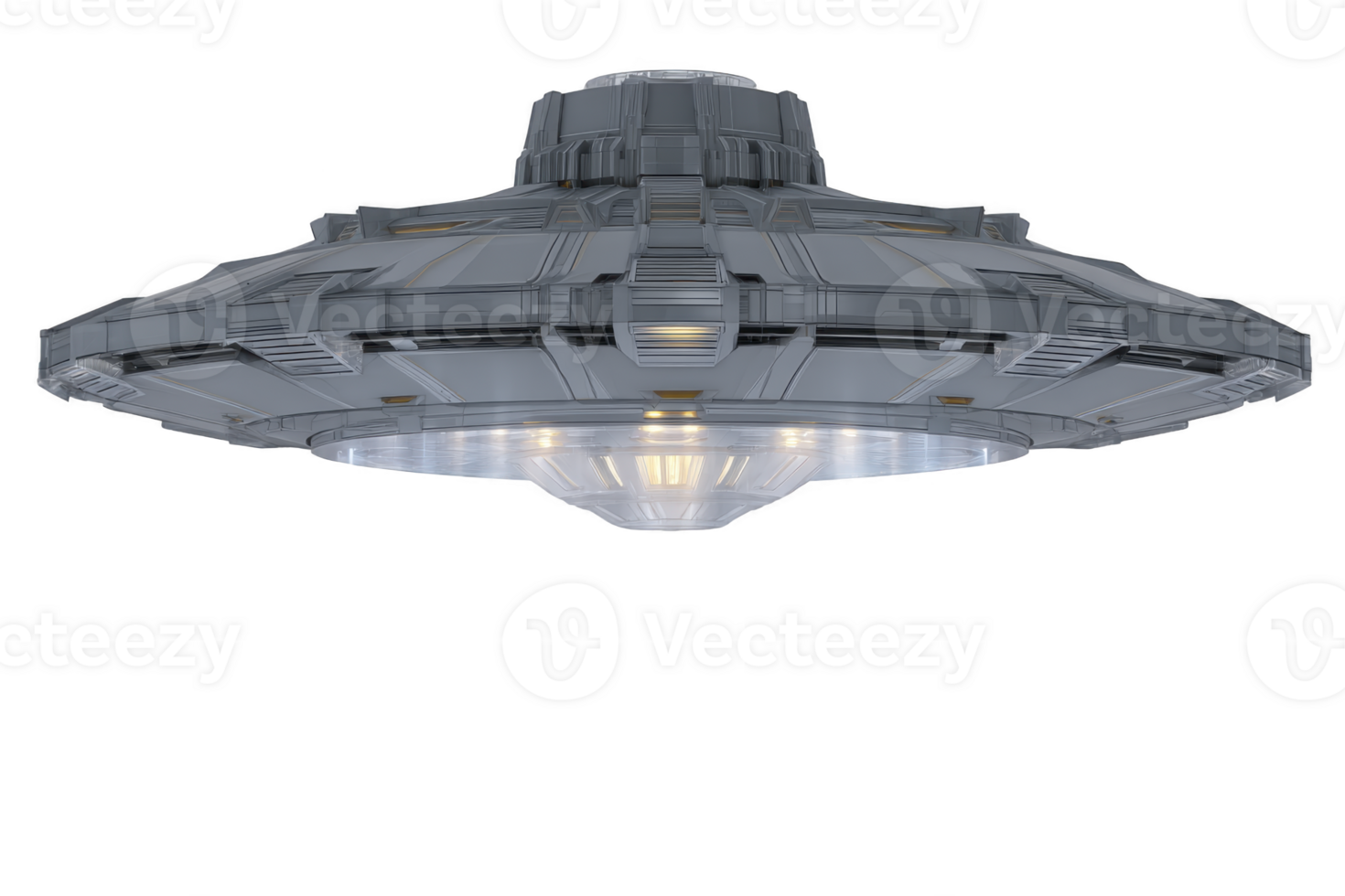 Futuristic spaceship metallic flying saucer isolated on transparency background glowing lights science fiction advanced technology mysterious imaginative hovering digital art png