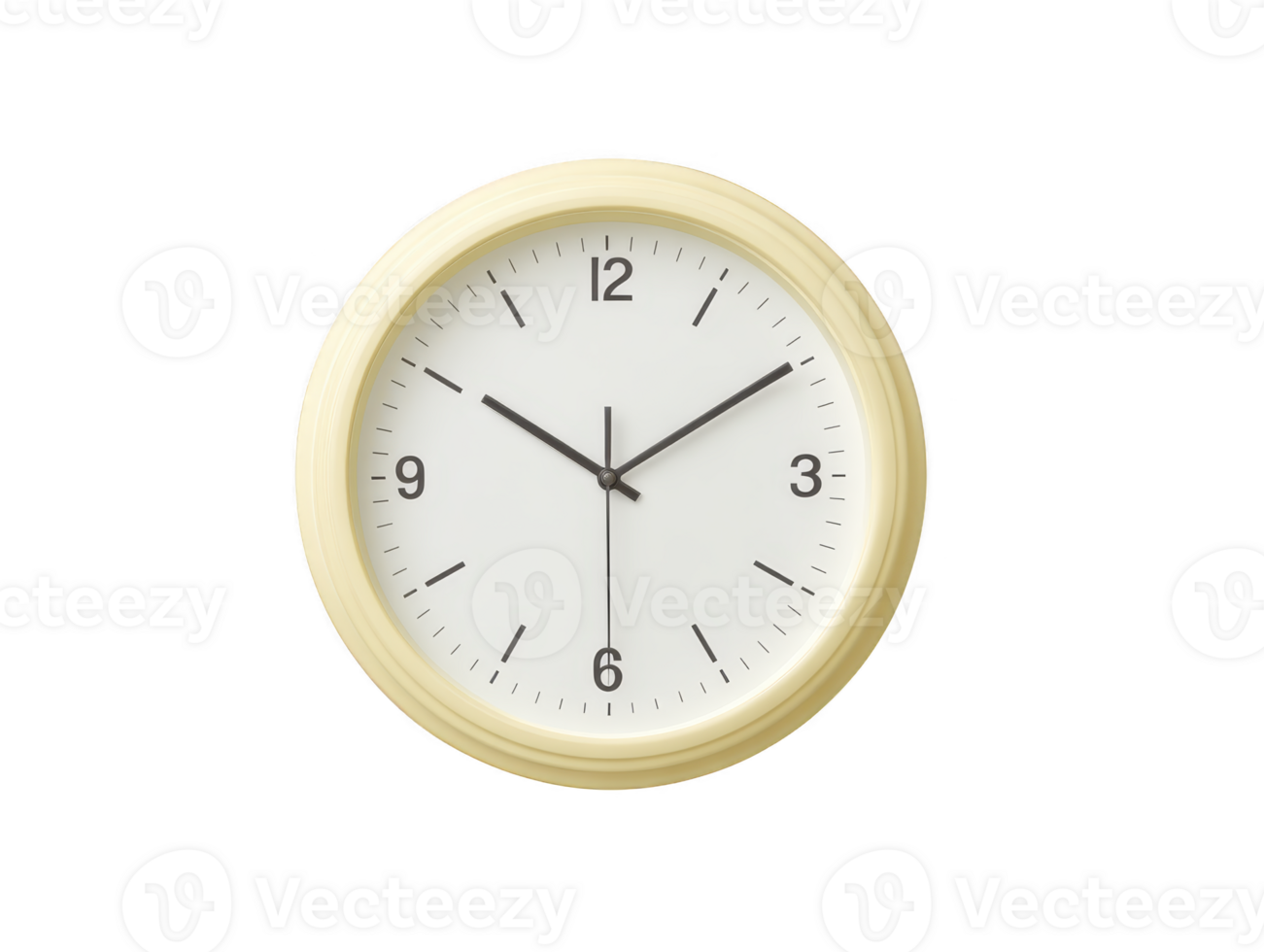 Round wall clock with cream frame, white face, black hour and minute hands, and simple design, showing time at 1010, isolated on transparency background, minimal and modern style png
