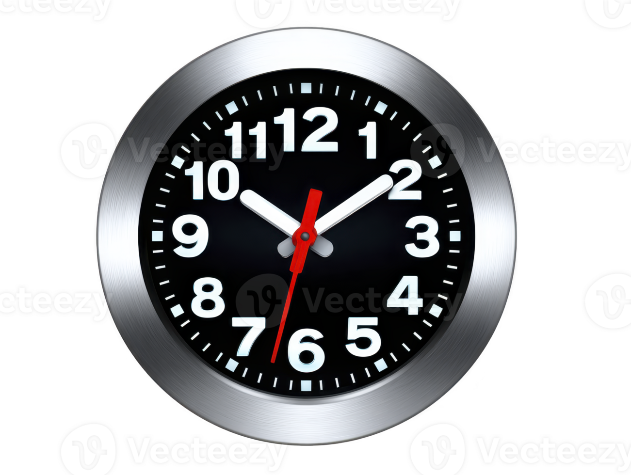 Black wall clock with metallic frame, white numbers, and red second hand showing time at 132, isolated on transparent background, modern and minimal style png