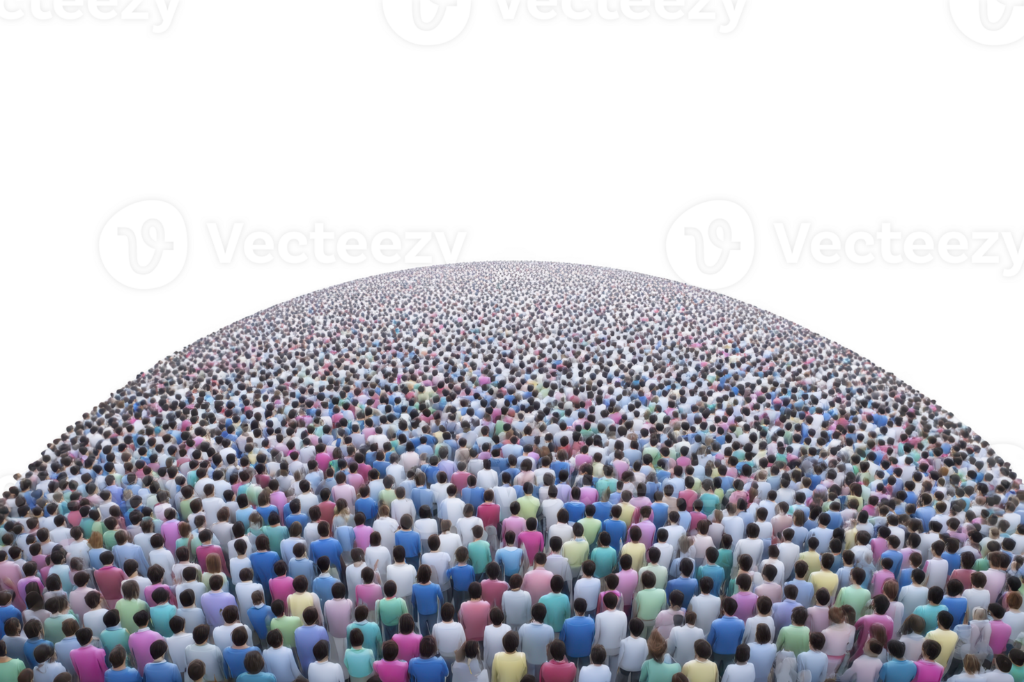 Large diverse crowd of people standing together on curved surface, viewed from behind, symbolizing unity, community, and social gathering in outdoor setting png