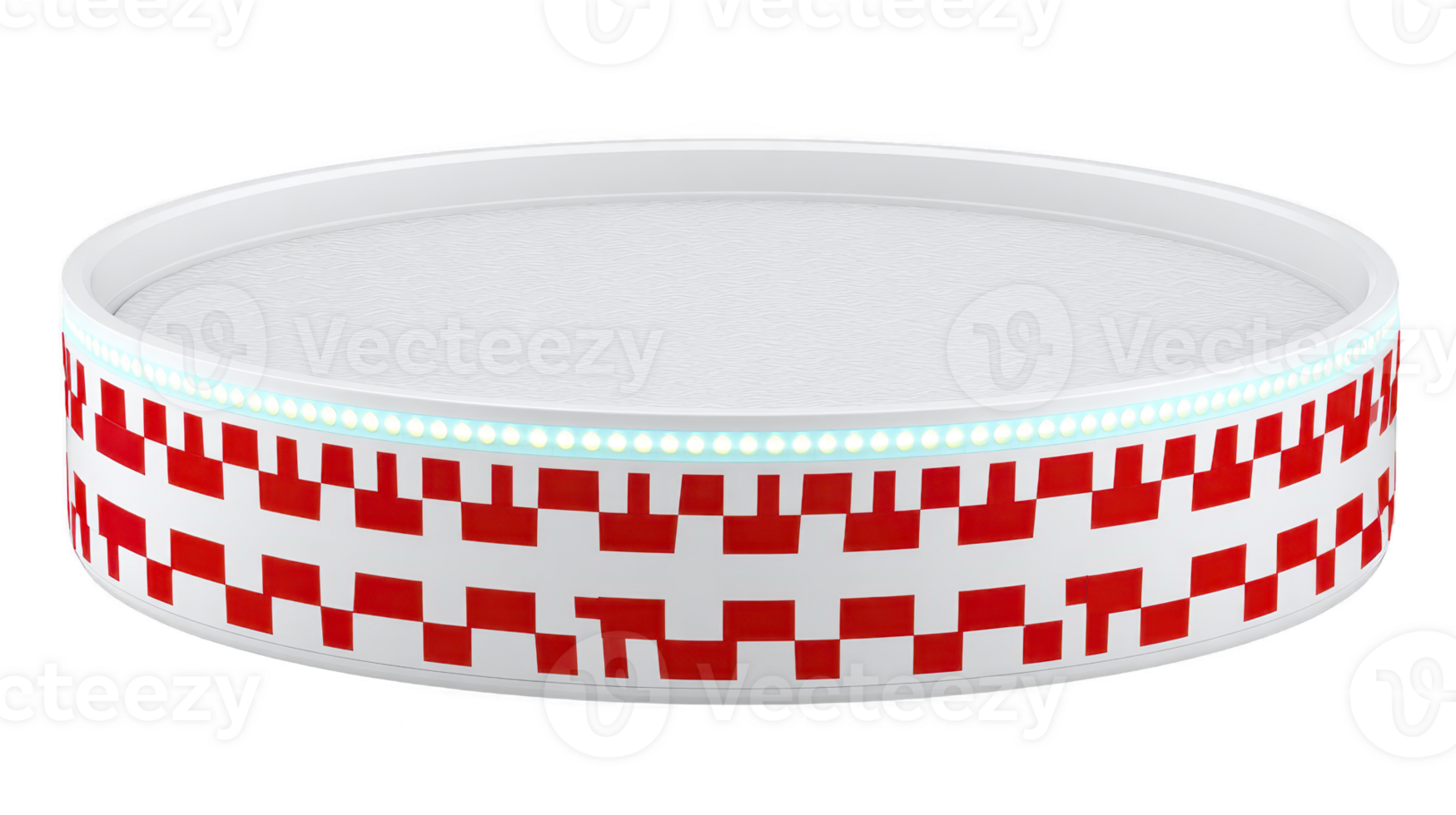 Round white display podium with red geometric pattern, illuminated edge, modern minimal style, isolated transparent background, suitable for product presentation or exhibition, clean png