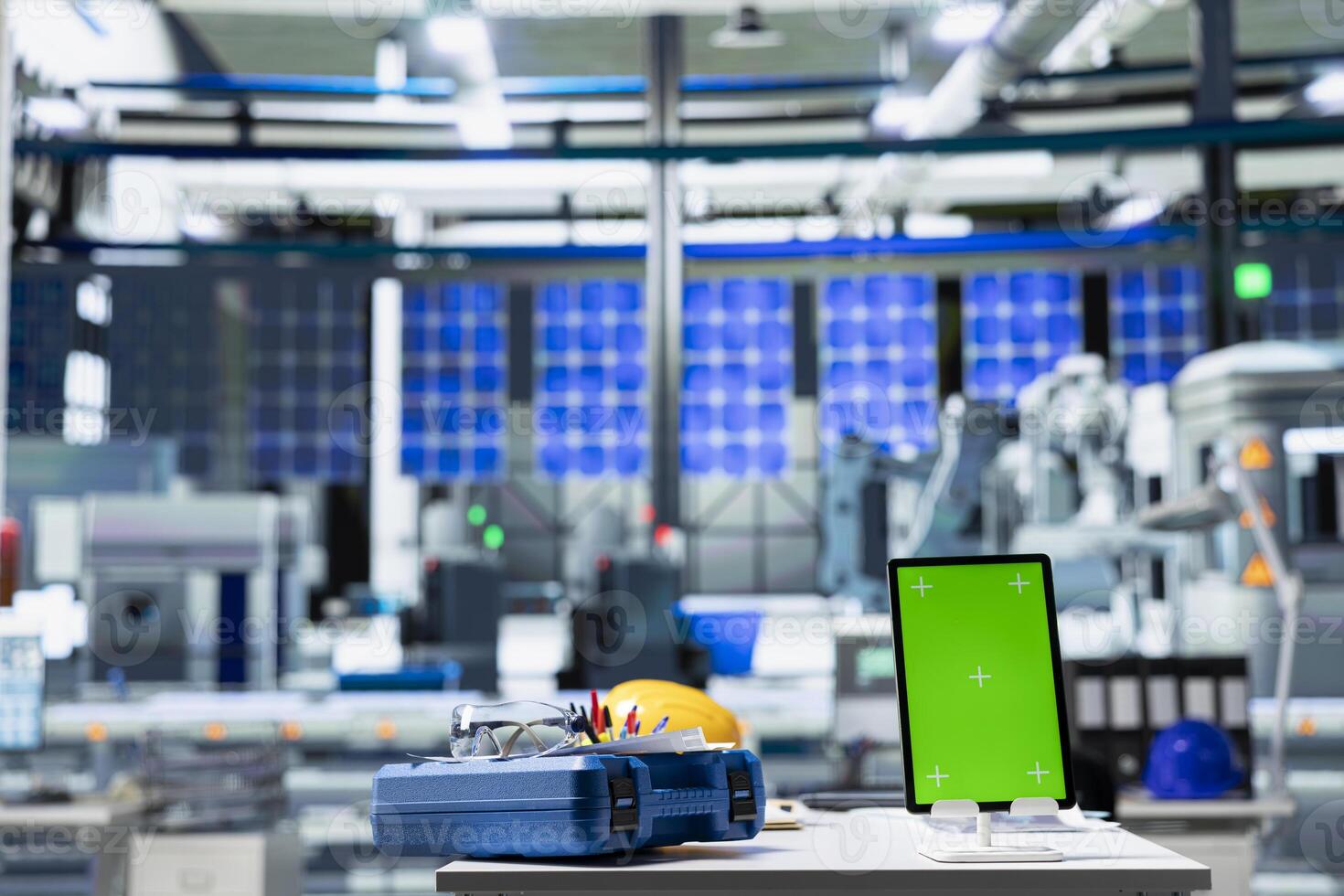 Green screen display on computer used to help in photovoltaics factory system parameters. Chroma key mockup used for optimizing energy supply in solar panel manufacturing plant. photo