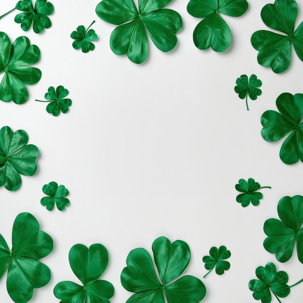 Vibrant Green Clovers Arranged in a Circular Pattern on a Simple White Background for Spring Celebrations. photo