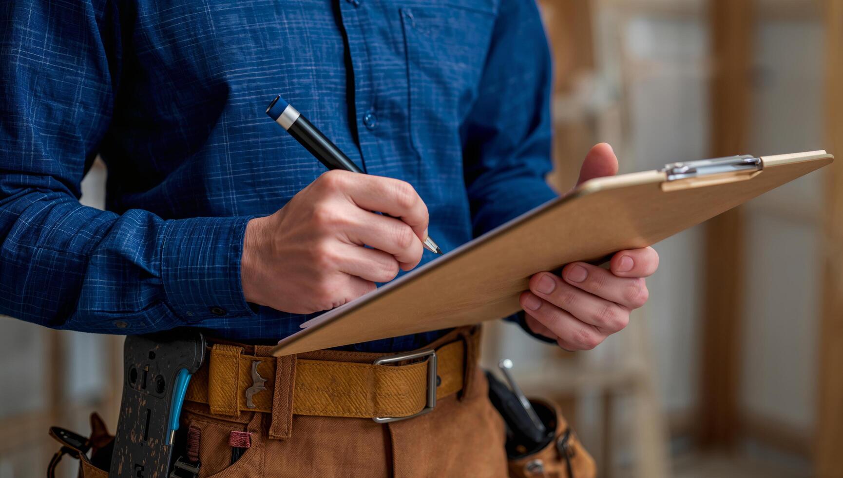Construction Worker Takes Notes While Preparing for a Project in a Workshop Environment. photo