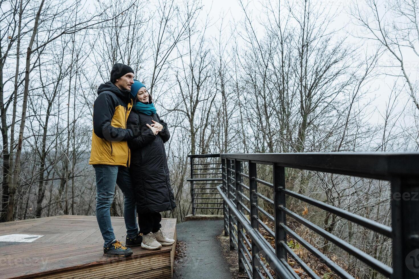 couple on lookout platform overlooking trees, quiet contemplation and distant view, metal railing and leafless branches, muted palette and introspective atmosphere during late season walk photo