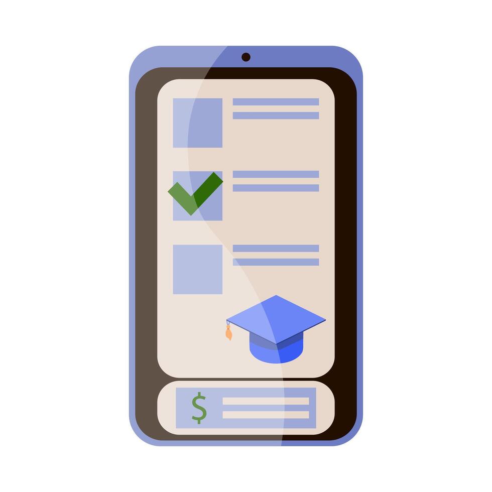 E-learning, online courses, distance learning programs at universities and schools. Phone with an information window. Flat illustration. vector