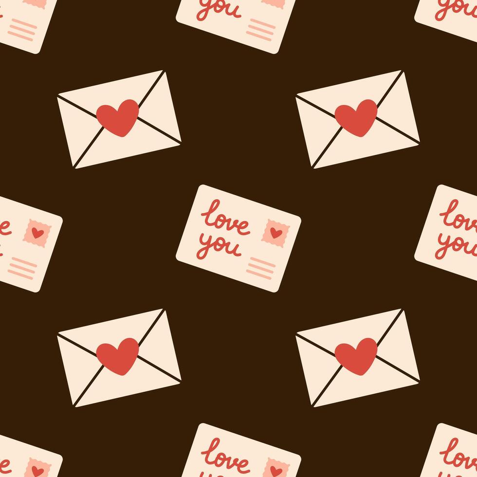 seamless pattern with envelopes, letters, postcards, hearts on dark background. Romantic print for Valentines Day, greeting cards, wrapping paper, textile, and festive design in flat style. vector