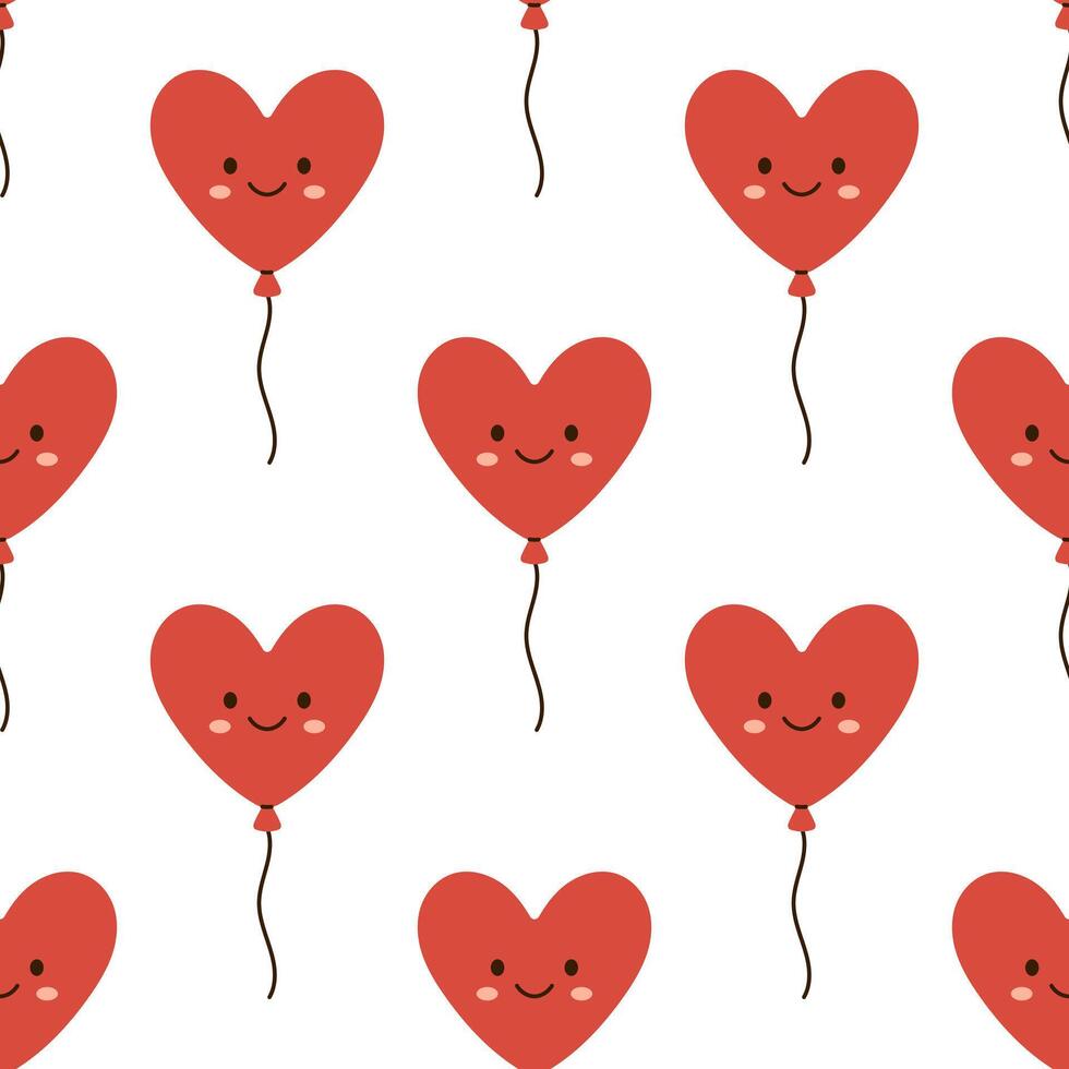 seamless pattern with smiling heart shaped balloons on white background. Cute romantic print for Valentines Day, children textile, wrapping paper, greeting card, party decoration in flat style. vector