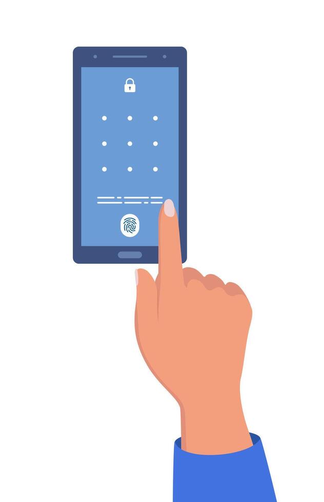 Smartphone with passcode lock screen interface, use biometric or enter pattern page. Humans hand with an outstretched finger prepares to unlock the smartphone screen vector