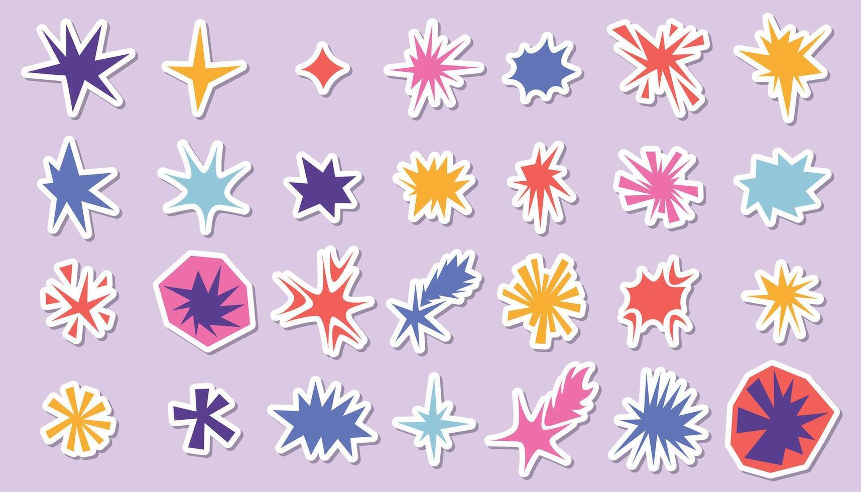 Set of irregular star and sparkle collage shapes stickers with rough edges and retro feel. Colorful cut paper starburst elements ideal for sticker, scrapbook in bold angular style. vector