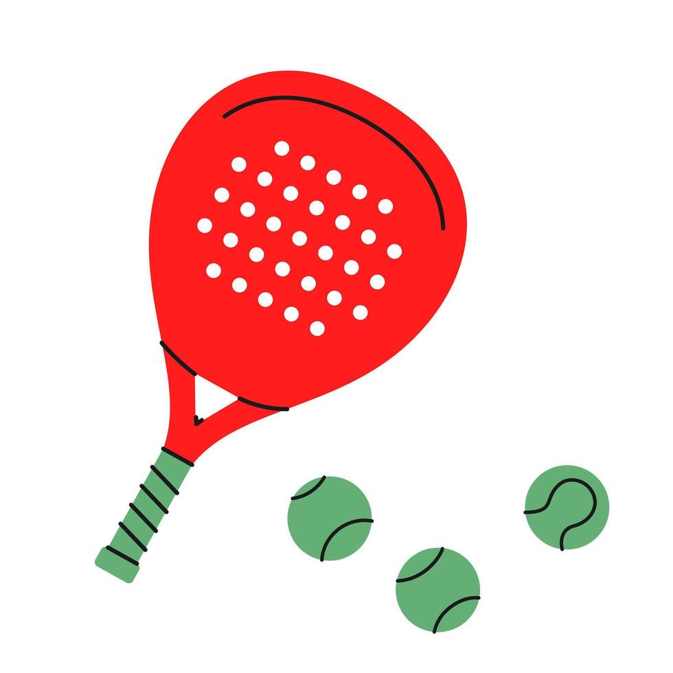 Hand-drawn red colorful padel racket and three balls.Ideal for sports graphics, creative projects. illustration isolated on white background.EPS 10 vector