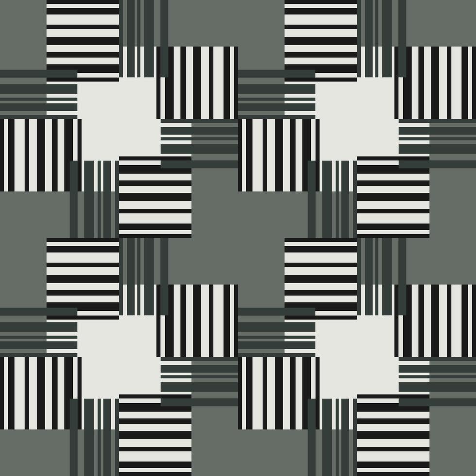 Abstract geometry seamless pattern. Rectangles and lines in shades of grey and green. Optical rotation effect. Complicated texture background. Grid of intertwined straight lines vector