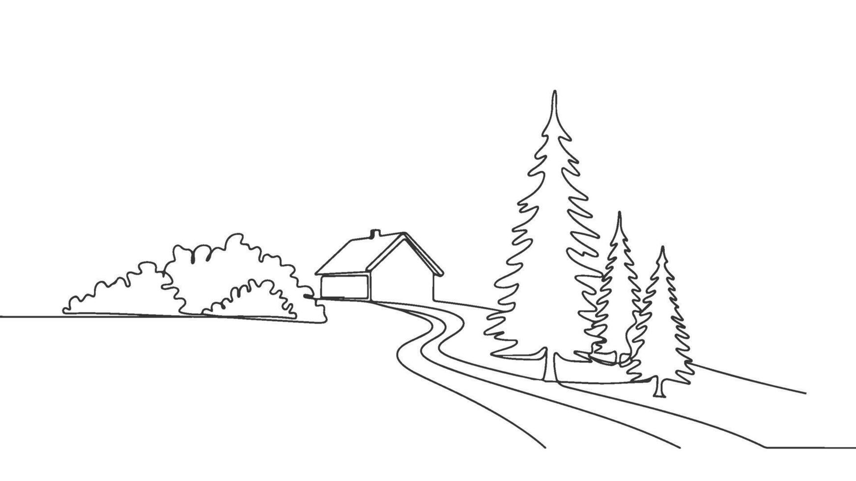 A single continuous line art drawing of a house nestled within a picturesque landscape of trees and bushes vector