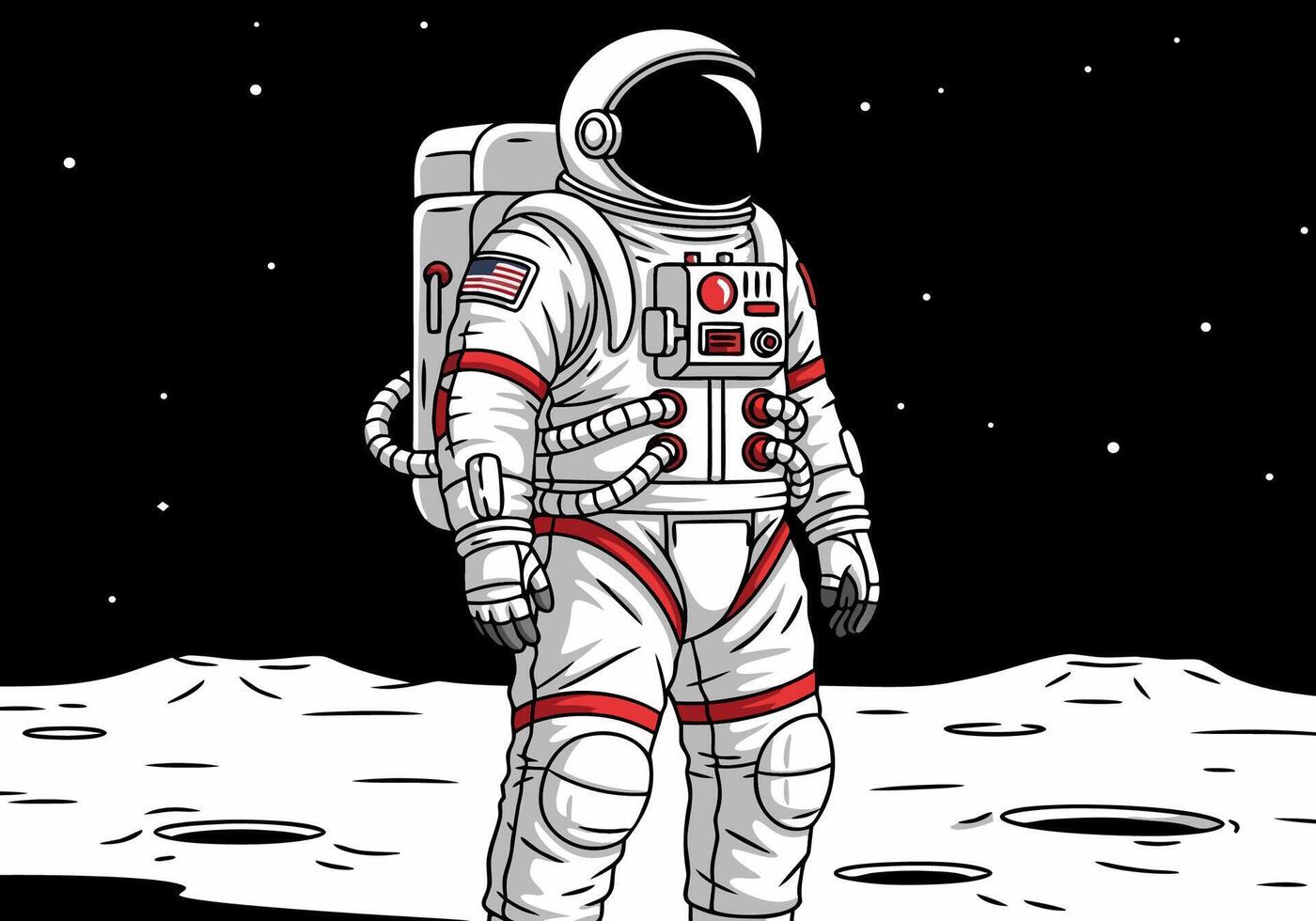 Astronaut standing on the lunar surface in a detailed spacesuit against a starry black sky, cartoon illustration c vector