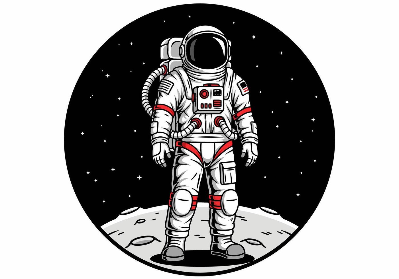 Detailed art of an astronaut explorer in a full spacesuit standing on the moon's surface against a black starry sky. 6 vector