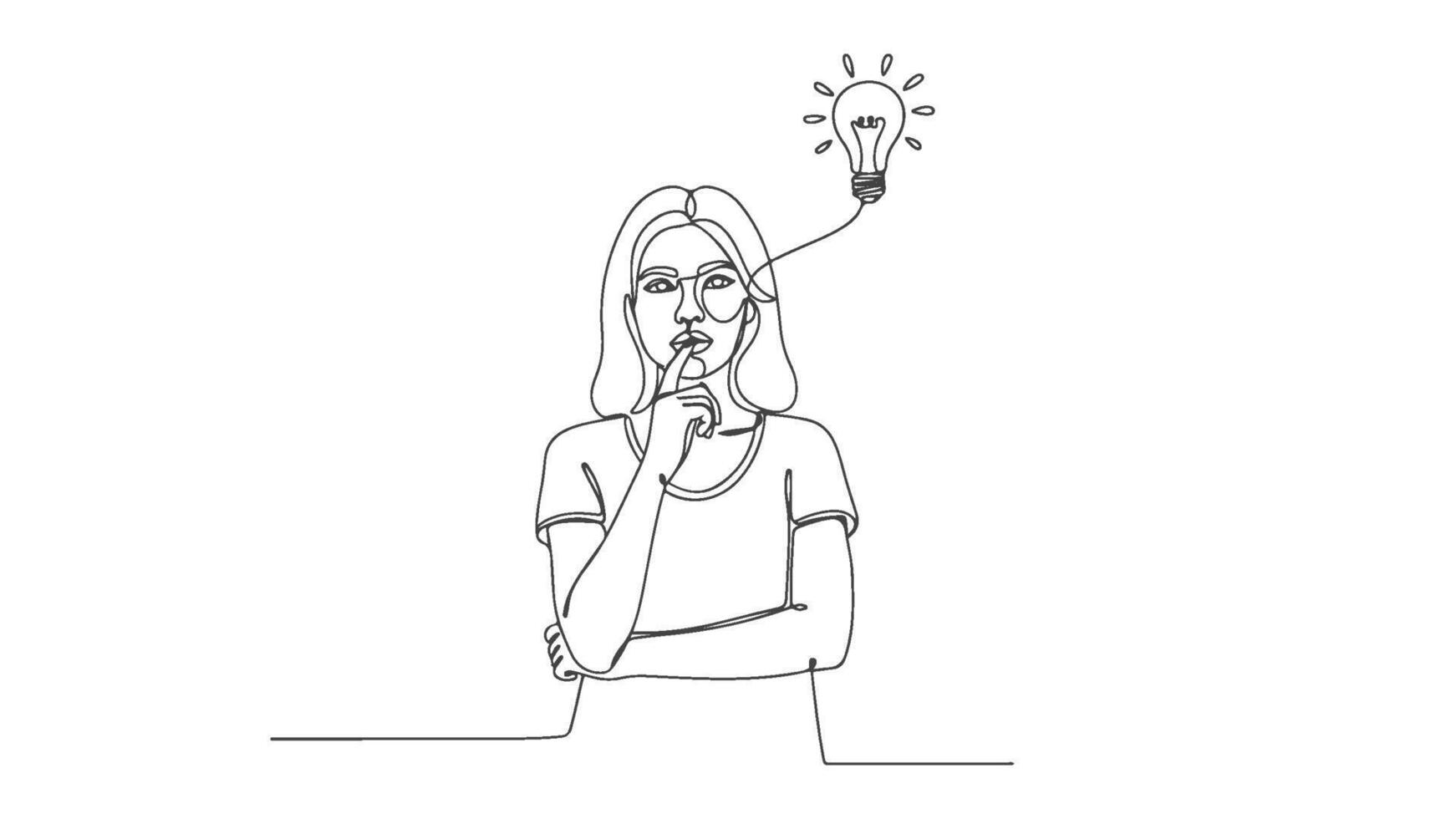 One continuous line art illustration of a woman thinking with lightbulb, eps format vector