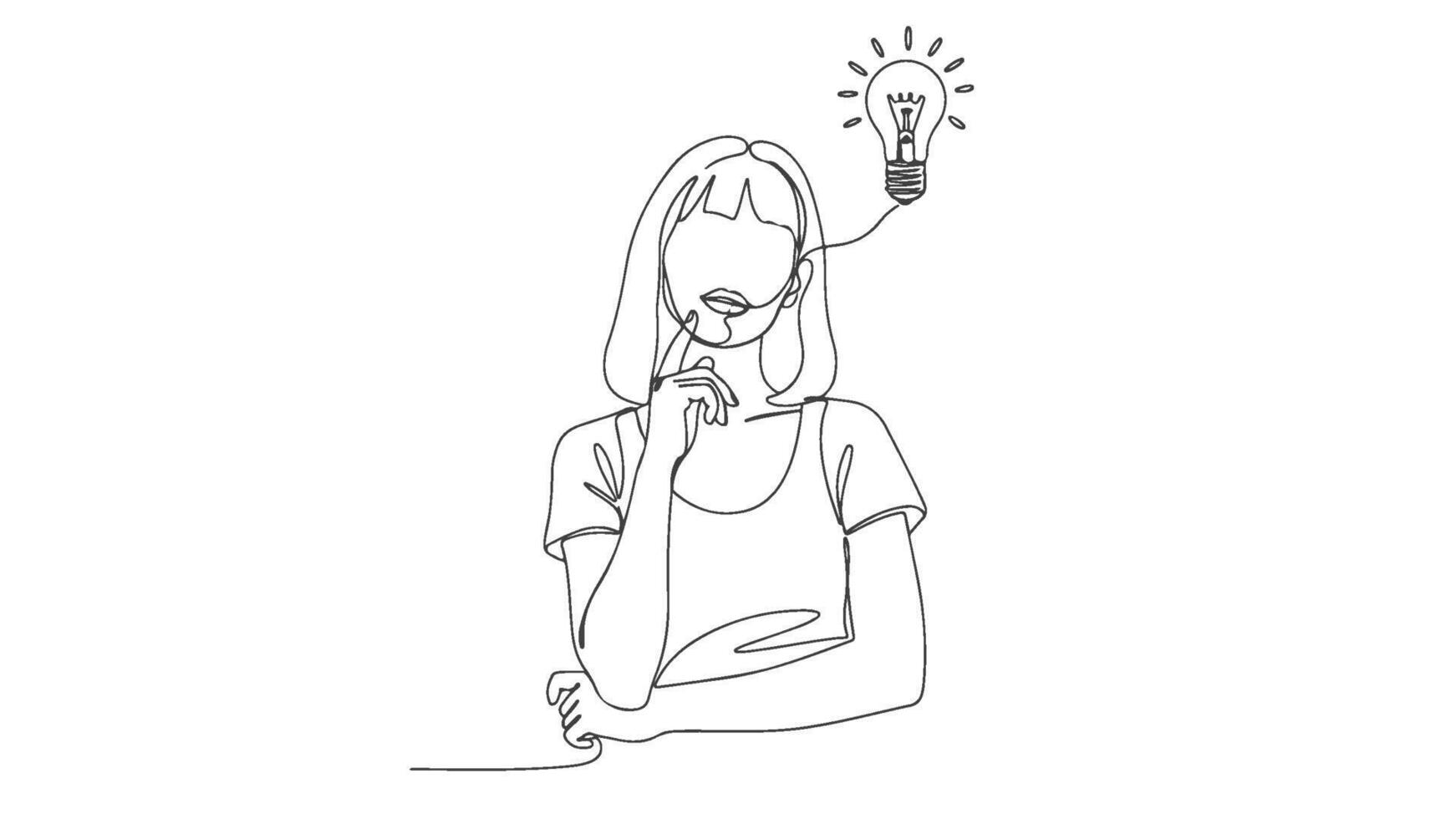 Minimalist continuous one line art drawing of a thoughtful woman with an idea lightbulb, symbolizing innovation and problem-solving vector