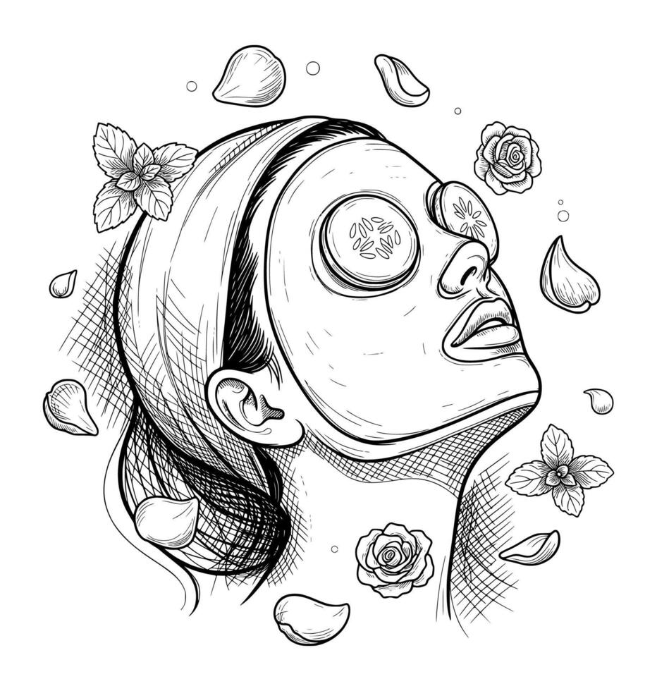 Woman with Face Mask and Cucumber Slices Relaxing in a Spa Setting vector