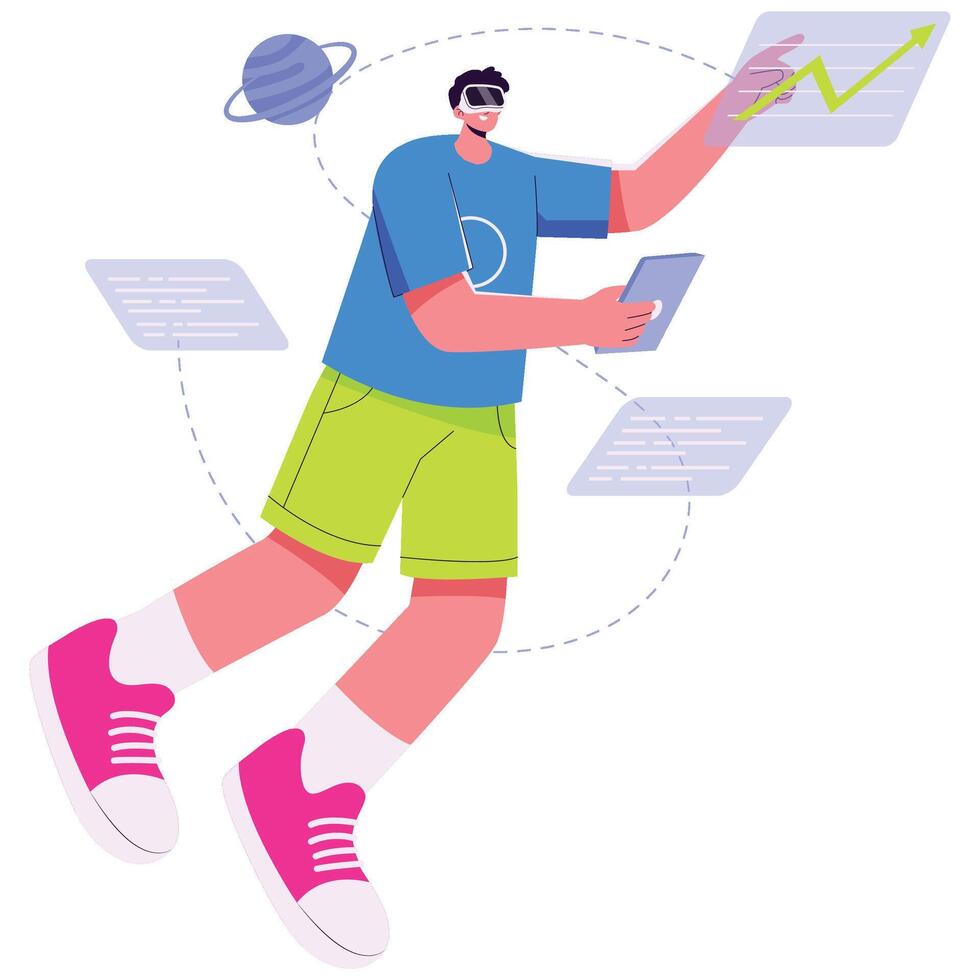 Person with VR headset analyzing data vector