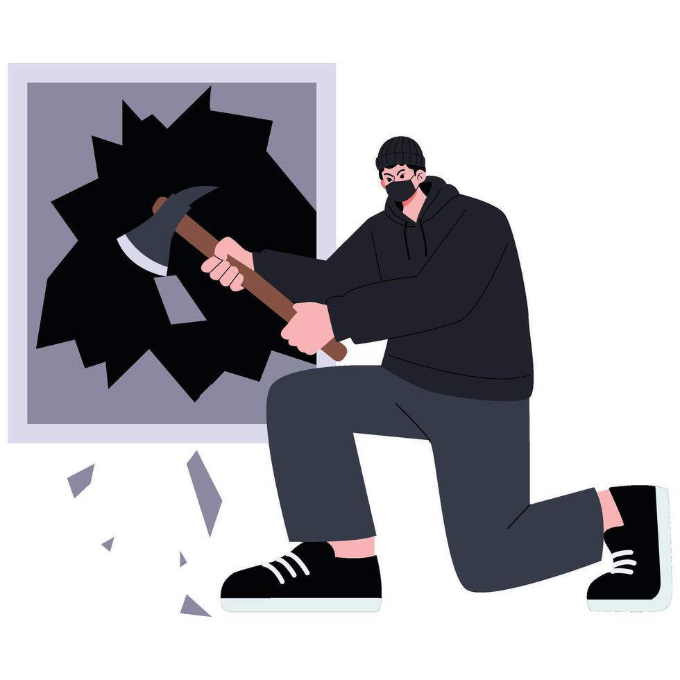 man breaking wall with axe vector