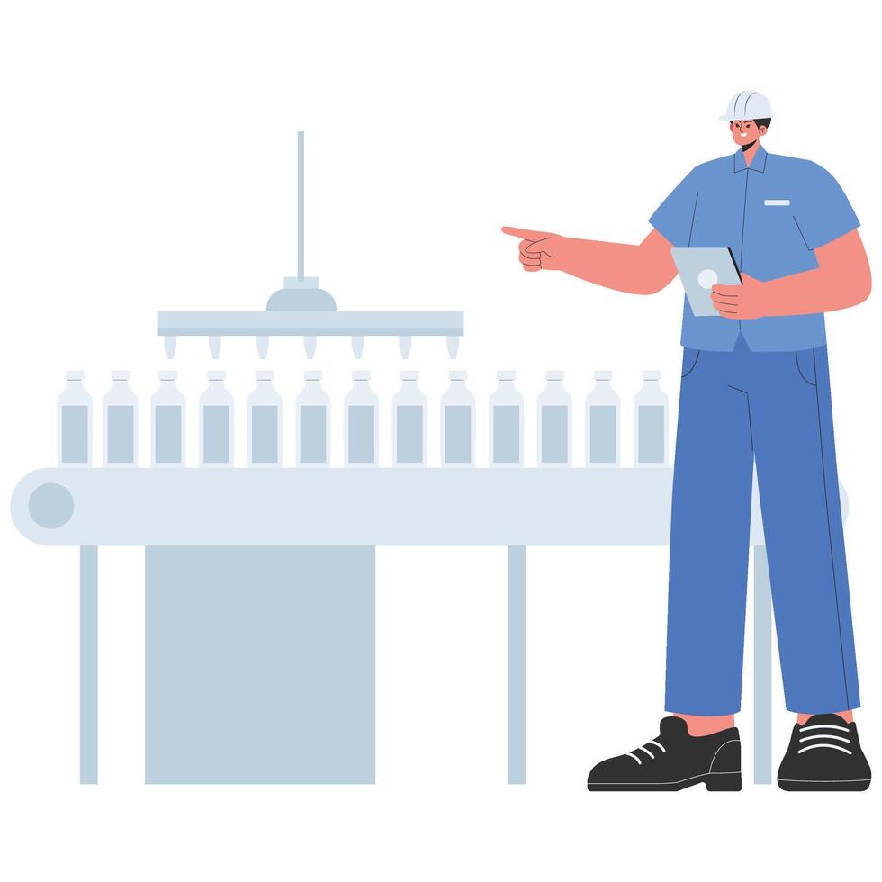 operador monitores un bebida embotellado transportador utilizando un digital tableta en un limpiar producción línea. vector