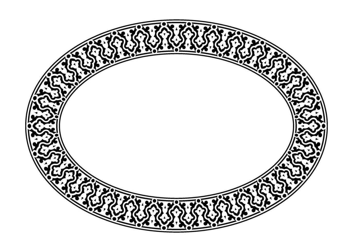 Black and white oval frame with an intricate, repeating ornamental pattern. The elegant, symmetrical design features stylized floral and geometric motifs, suitable for textile, embroidery, porcelain vector