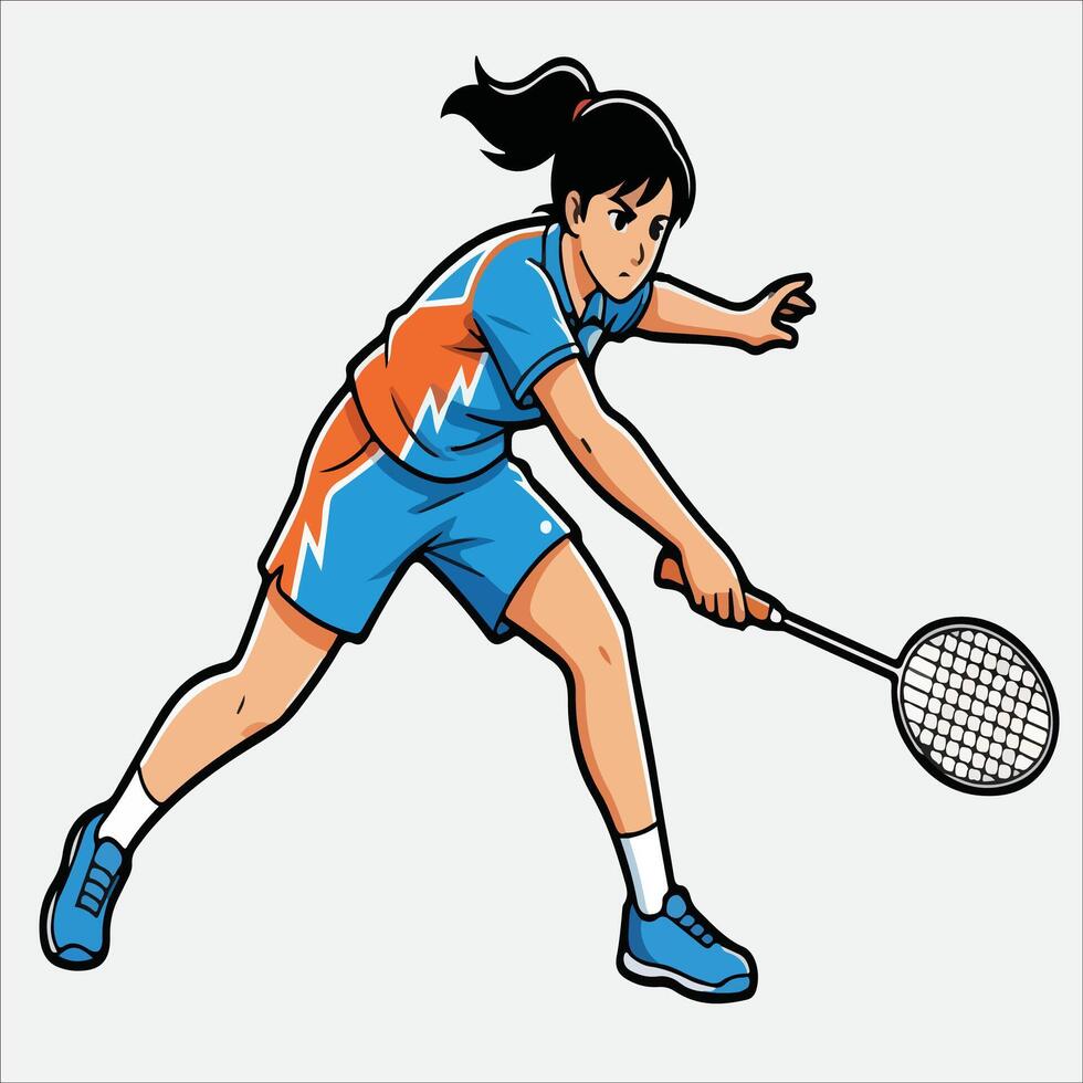 Dynamic female badminton player in action with racket vector