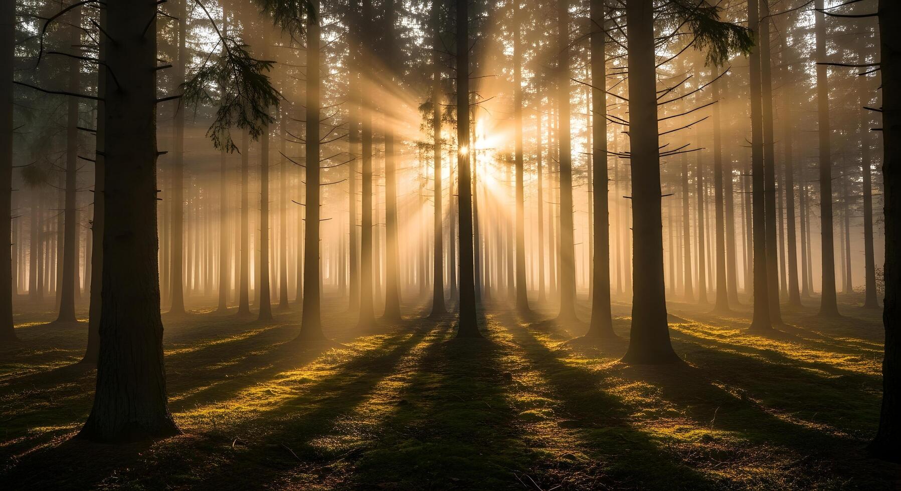 Sunlit forest scene with rays of light streaming through the trees, casting shadows on the forest floor photo
