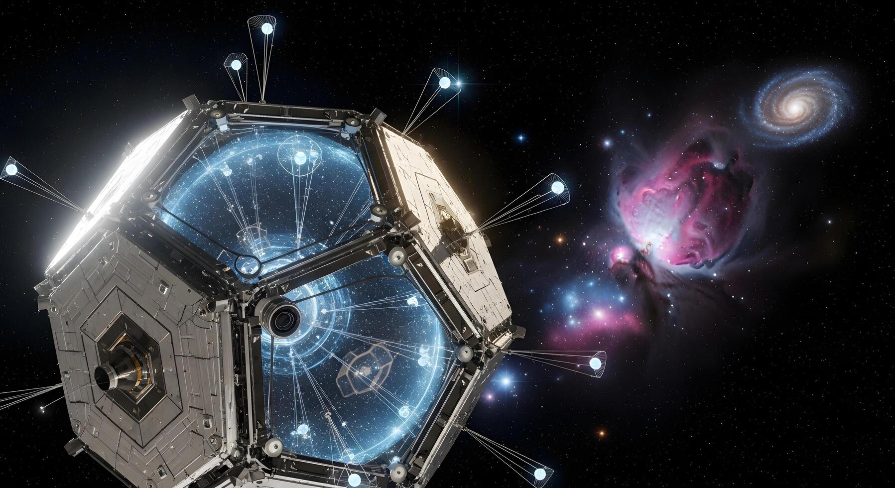 Futuristic interstellar probe navigating deep space with a vibrant cosmic nebula and distant galaxy in the background photo