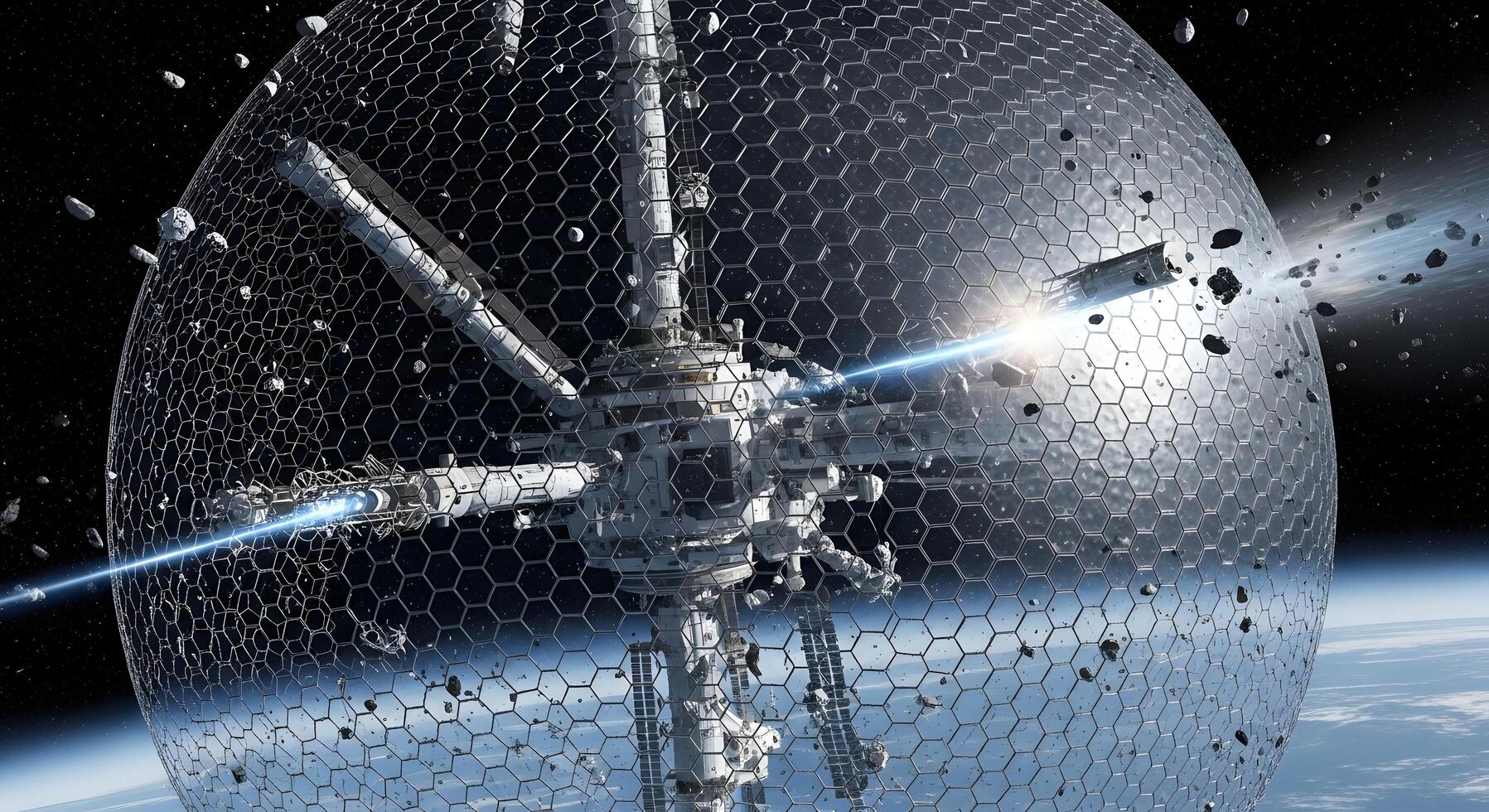 Advanced orbital station protected by a powerful hexagonal energy shield, deflecting incoming asteroids and space debris above a planet photo