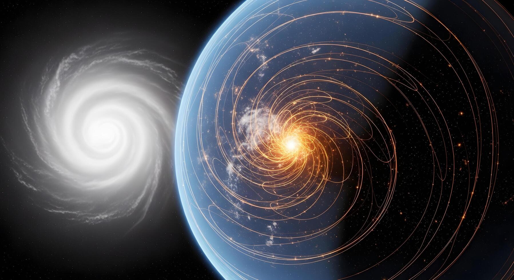 A planetary-scale hurricane with glowing energy lines viewed from deep space, depicting climate change and weather patterns photo