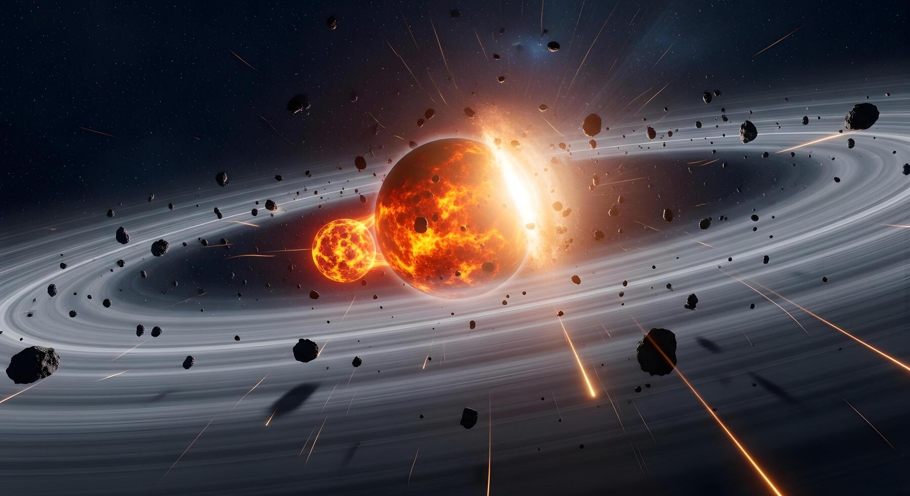 A spectacular cosmic collision between two molten planets within a dense asteroid field, resulting in a fiery apocalyptic explosion photo