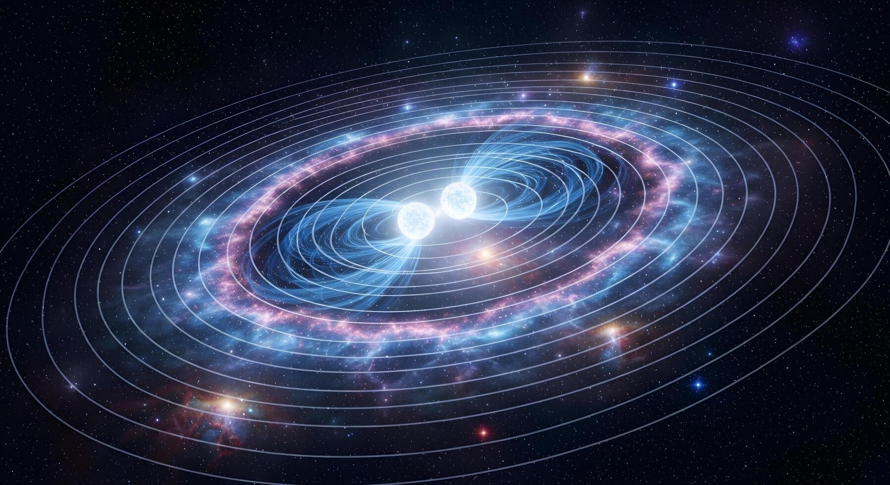 An artistic representation of two white dwarf stars orbiting each other in a binary system, with luminous trails suggesting gravitational interaction and energy release photo