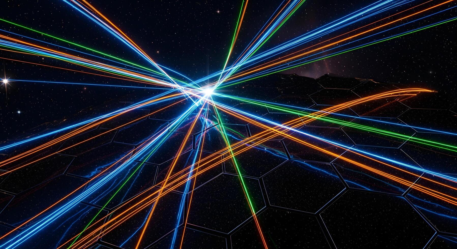 Abstract visualization of interstellar data network with glowing energy lines converging in a cosmic digital landscape photo