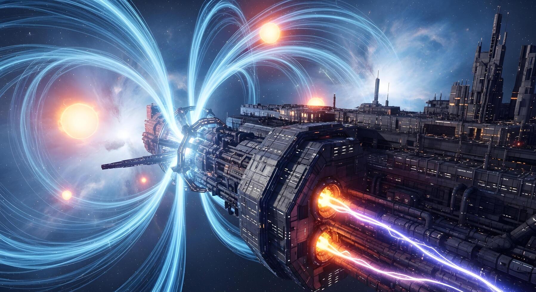 Colossal futuristic starship navigating deep space, its advanced propulsion system bending light and energy near a binary star system photo