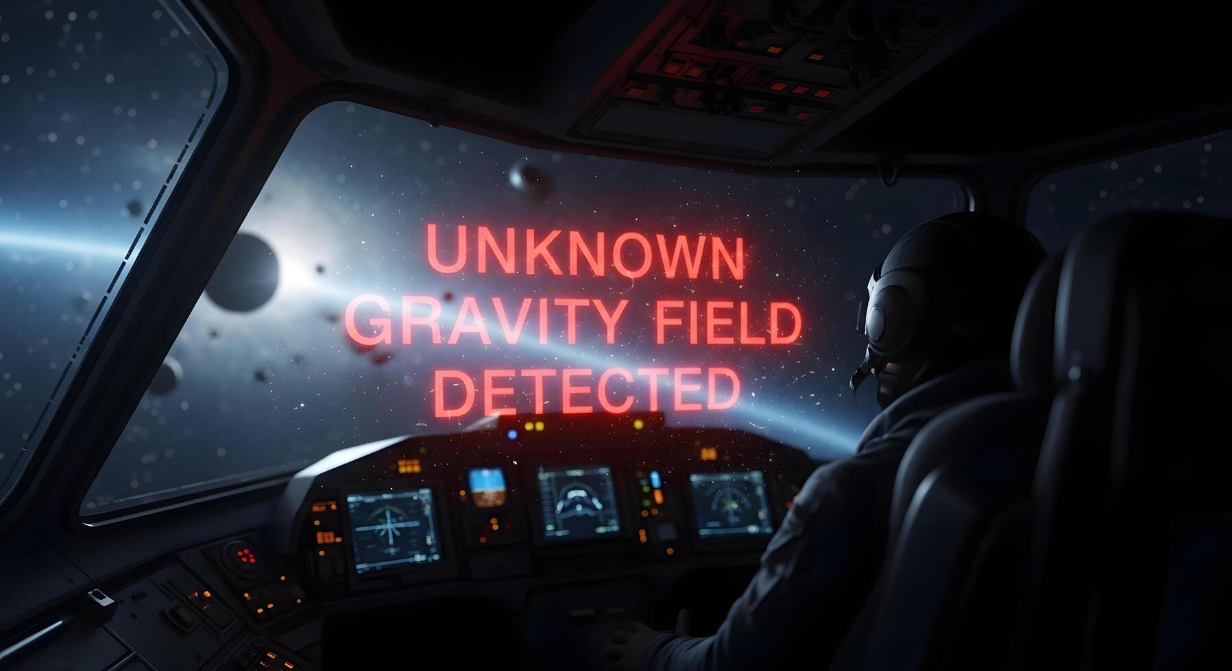 Spaceship cockpit interior displays an urgent alert for an unknown gravity field detected with a pilot observing the celestial expanse photo