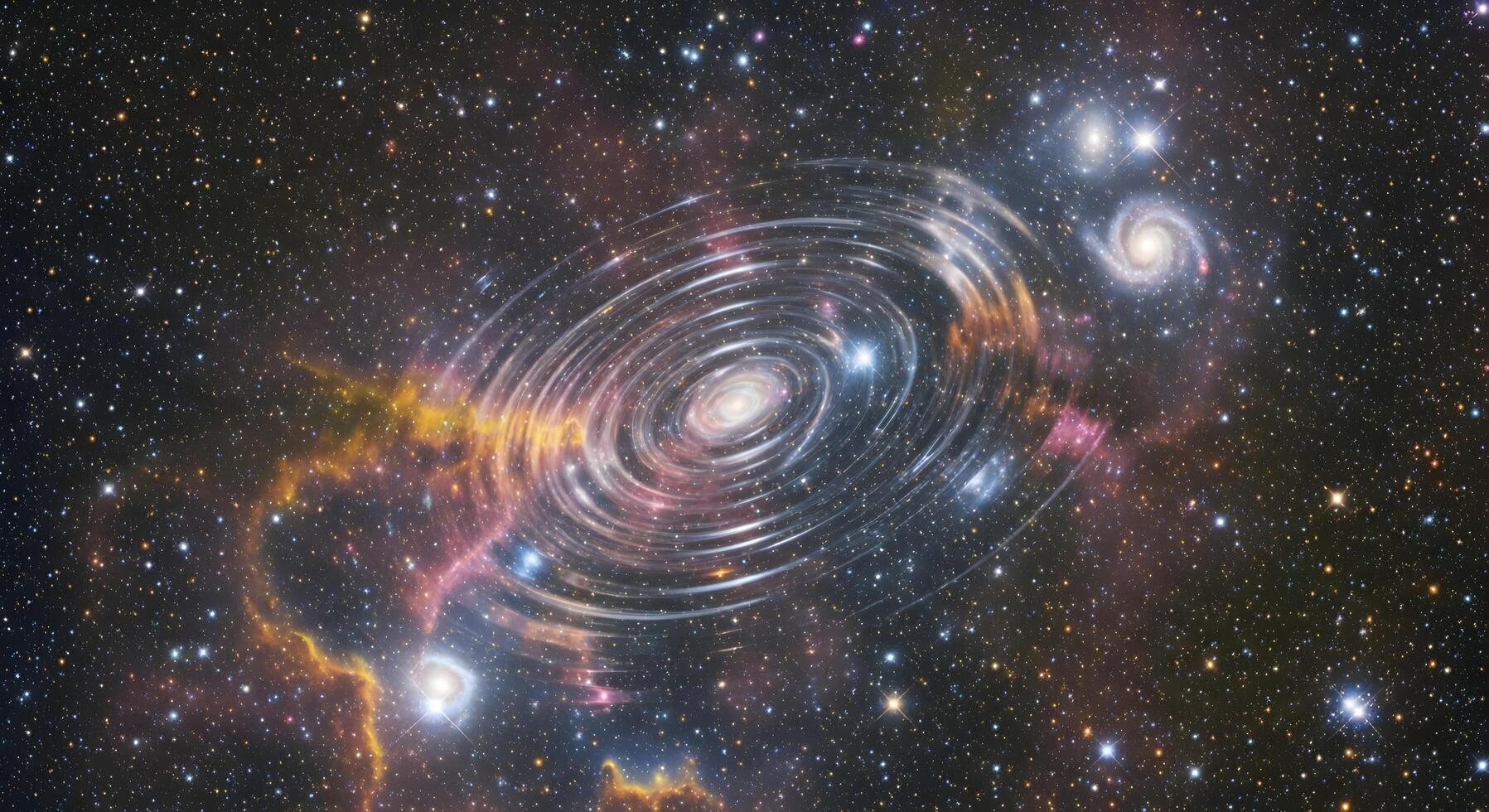 Abstract visualization of a cosmic vortex with swirling galaxies and nebulae against a starry backdrop photo