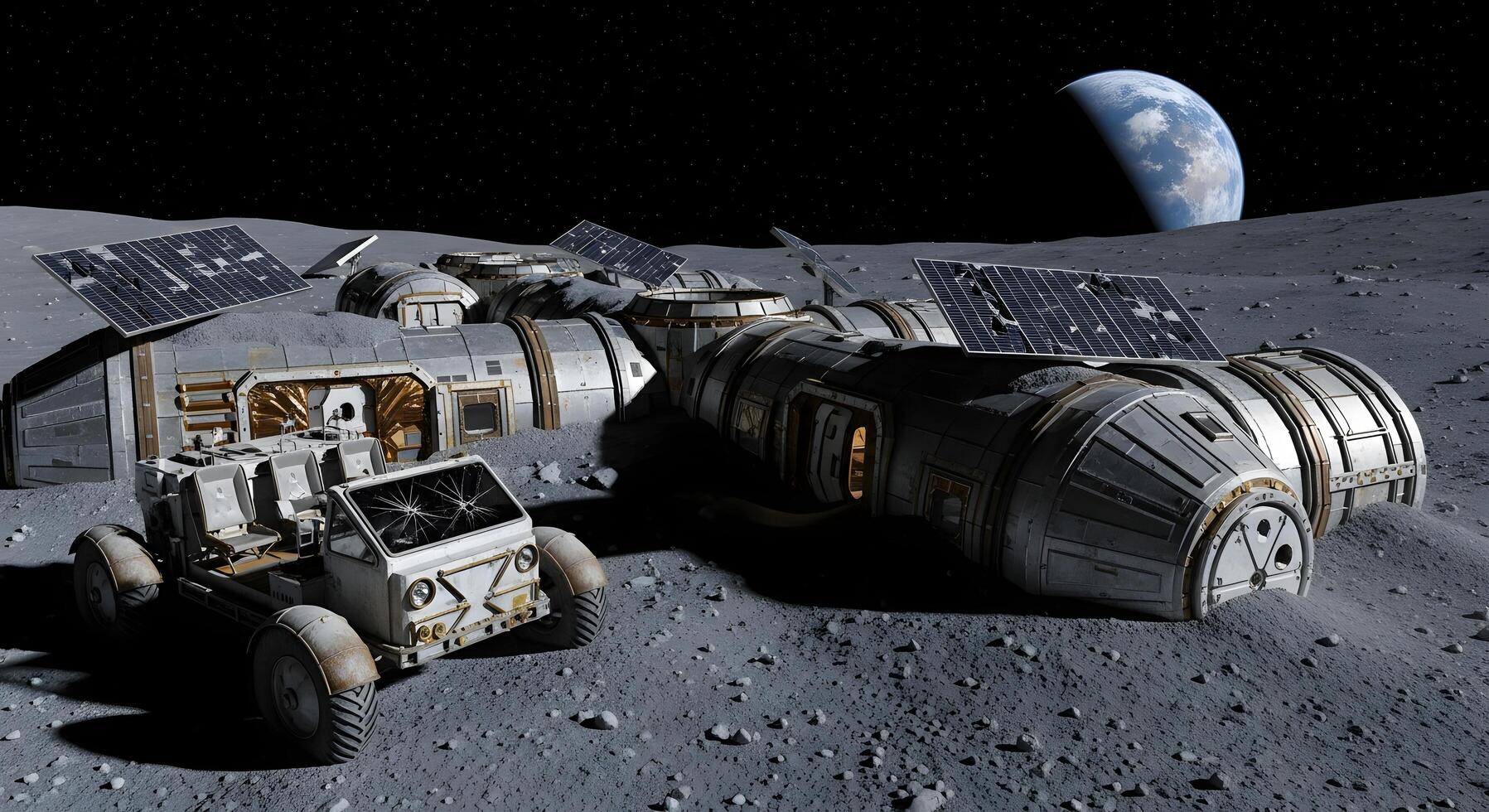 A futuristic science base on the moon with a rover vehicle, representing human colonization and exploration of outer space photo