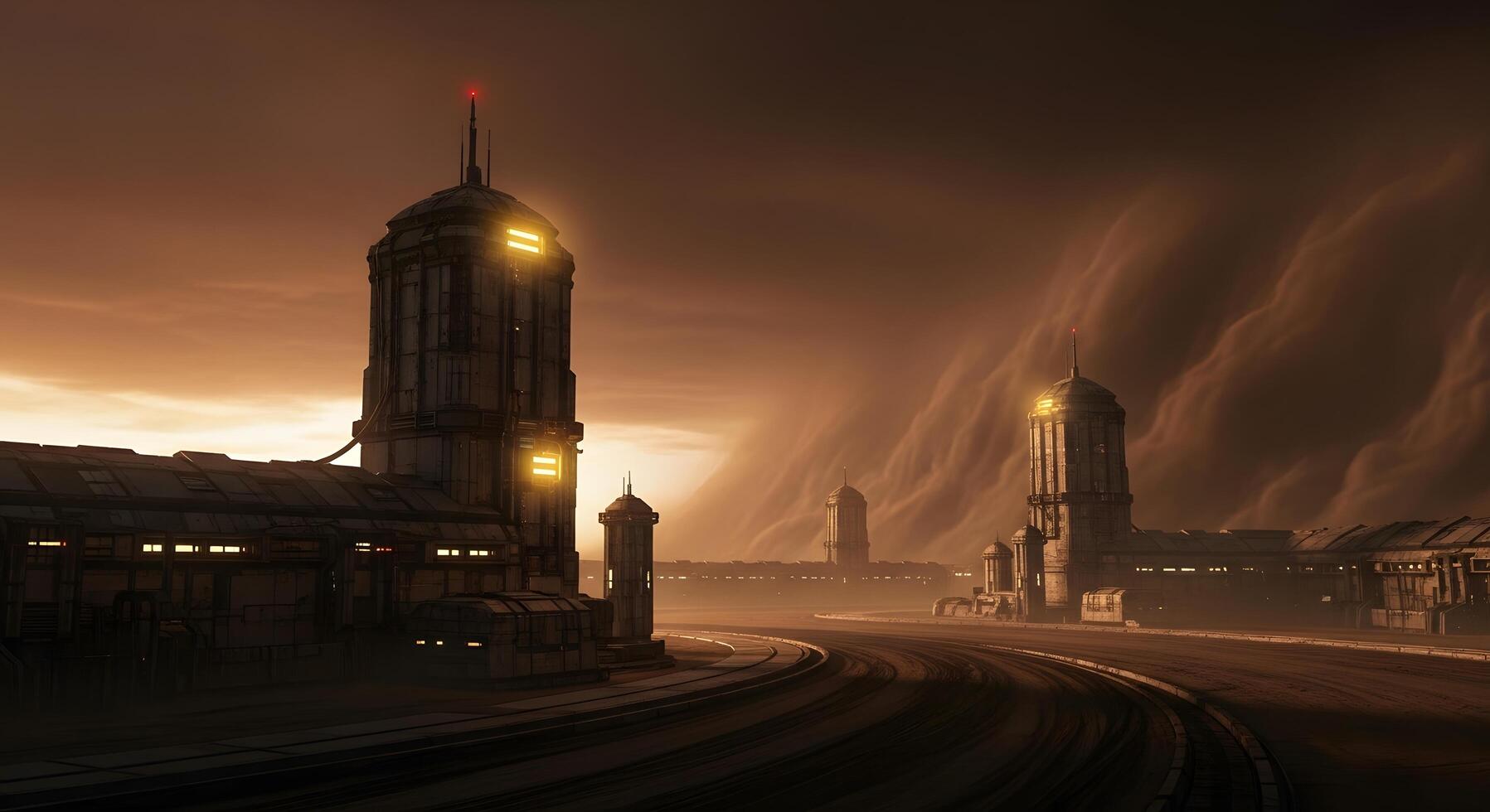 Futuristic cityscape with towering structures under a hazy, reddish sky, evoking a sense of advanced civilization on an alien planet or a dystopian future photo