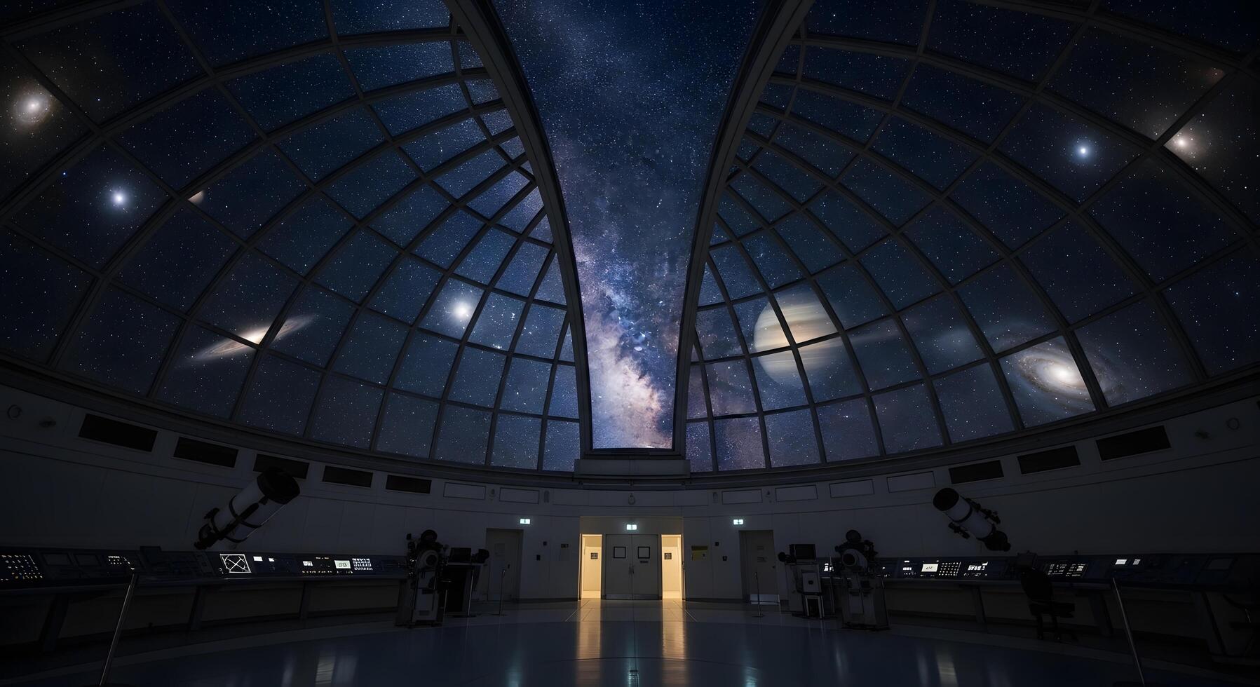 An awe-inspiring view of the Milky Way galaxy from within a futuristic observatory, highlighting cutting-edge scientific technology and the boundless wonder of cosmic exploration photo