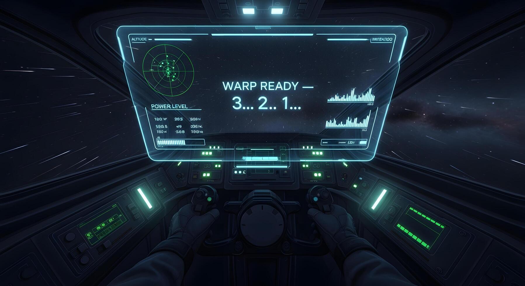 Immersive first-person view inside a futuristic spaceship cockpit, with digital displays showing 'WARP READY' countdown for an interstellar journey through deep space photo