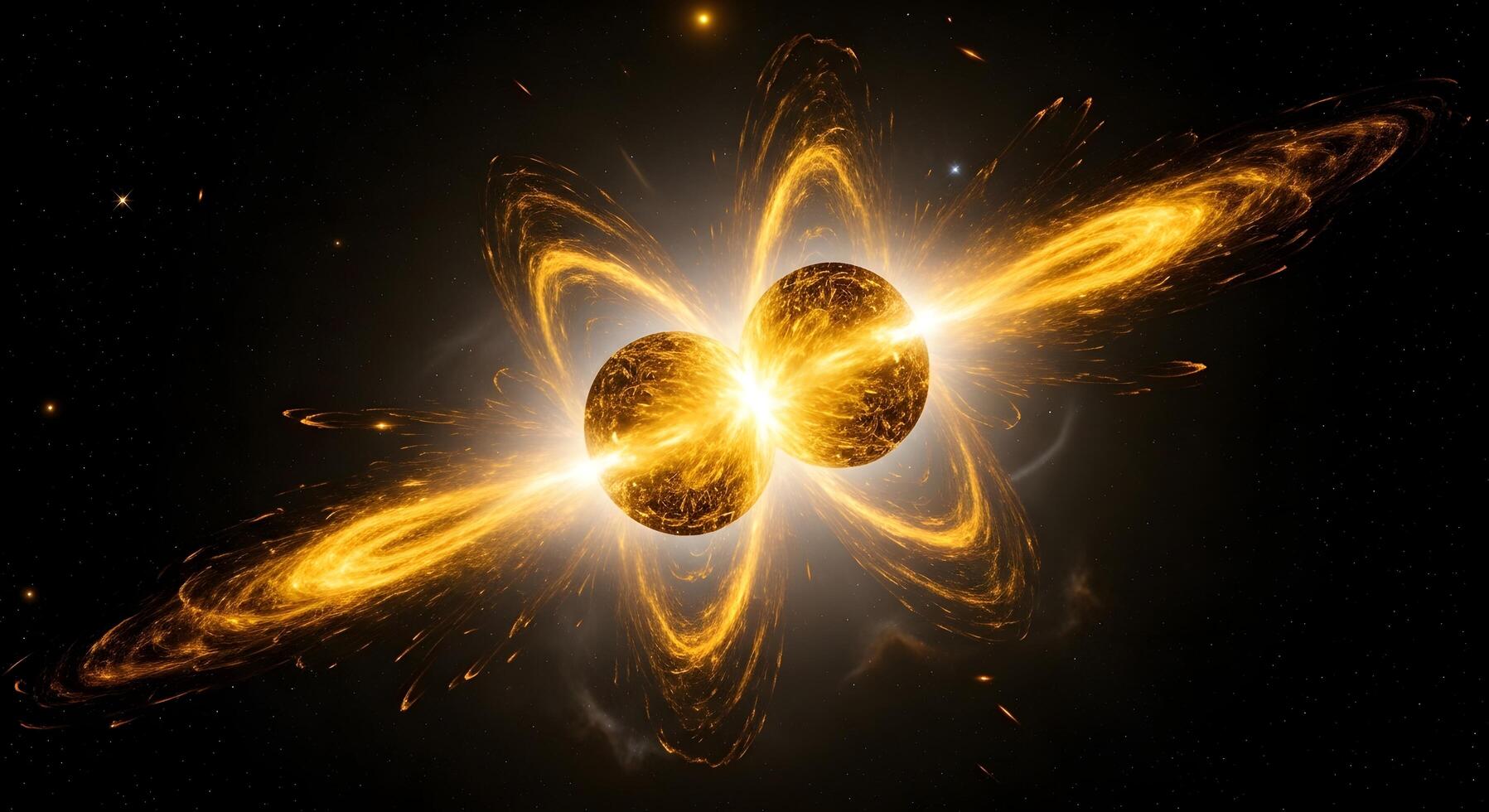 Celestial collision of two golden stars in deep space, a spectacular merger event generating powerful energy waves and a brilliant cosmic explosion photo