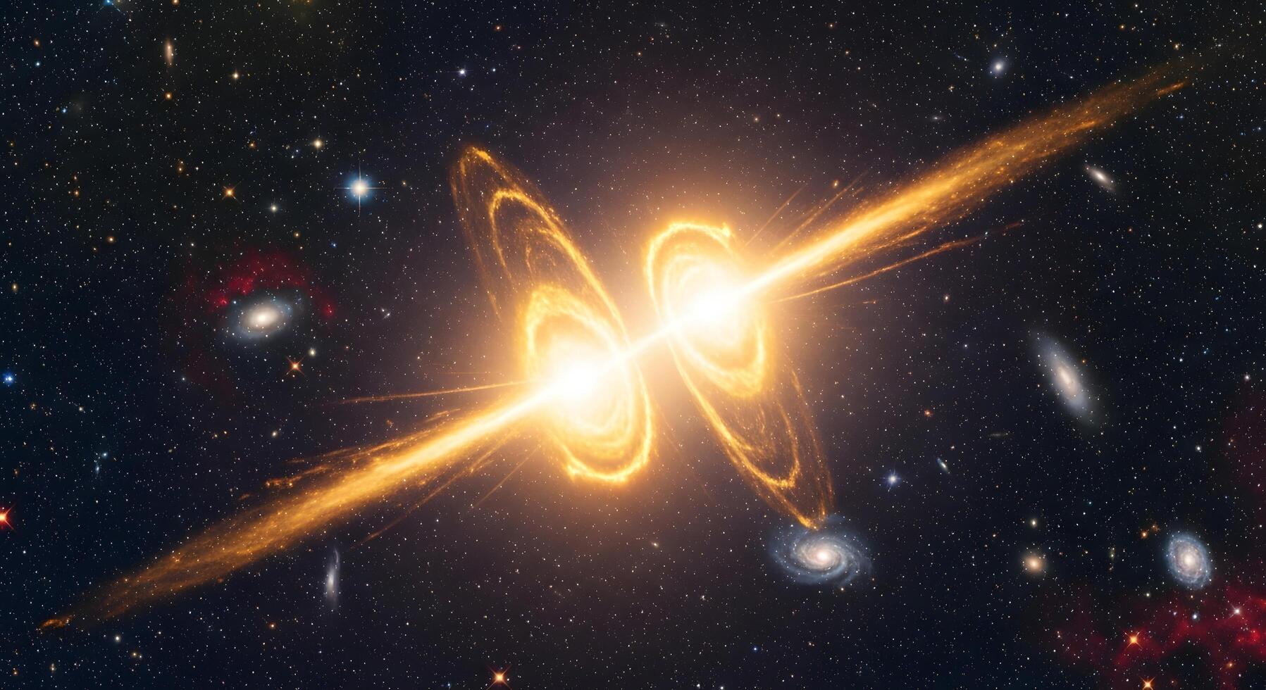 Spectacular cosmic collision of a binary black hole system, emitting powerful energetic jets and gravitational waves across the universe photo