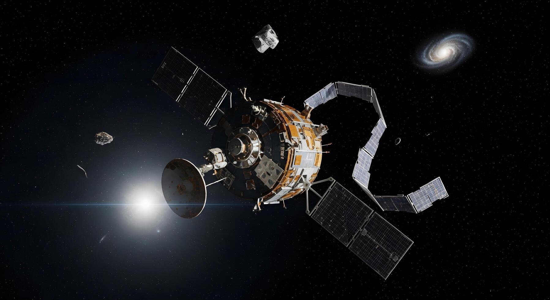 Advanced Satellite Orrery Model in Deep Space with Asteroids and Distant Galaxy photo