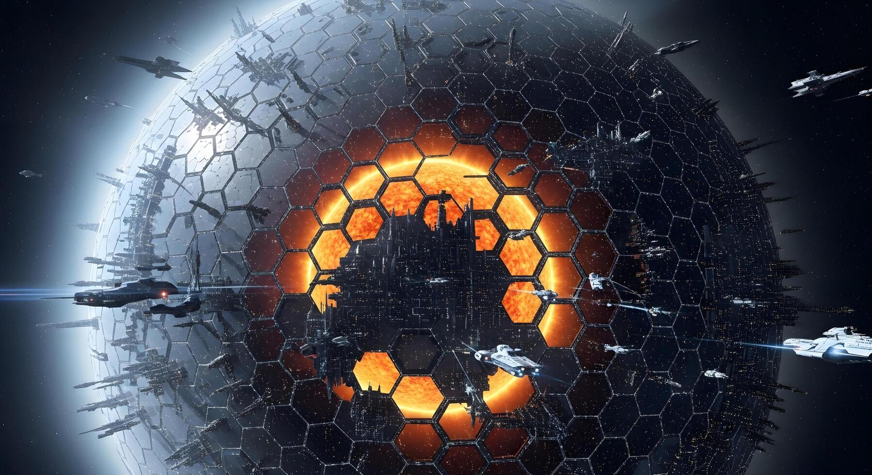 A vast armada of futuristic spaceships navigating the cosmos towards a colossal hexagonal megastructure with a fiery, glowing core photo