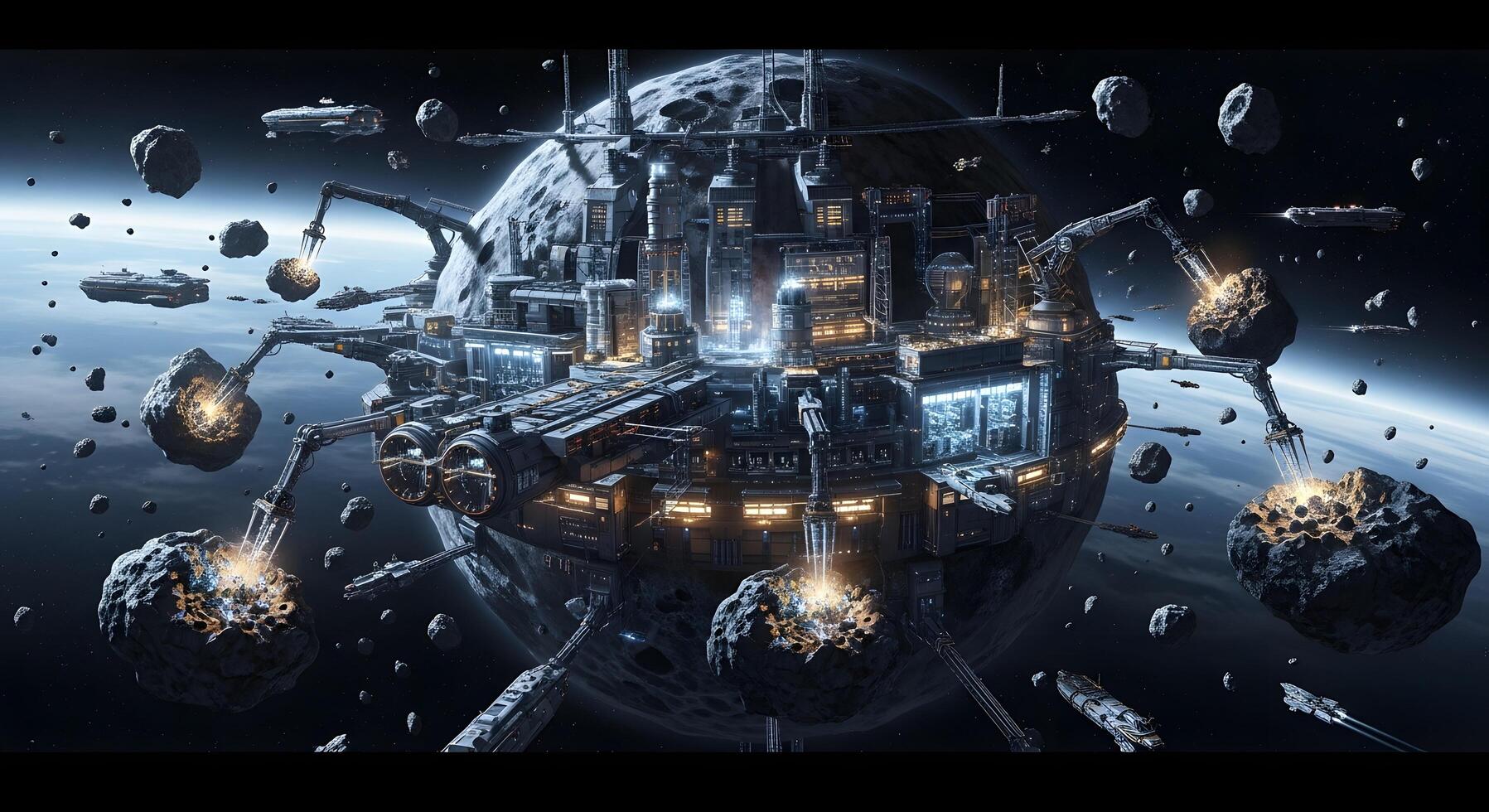 Vast interstellar mining outpost built into a planetoid, with robotic arms harvesting resources from a surrounding asteroid field photo