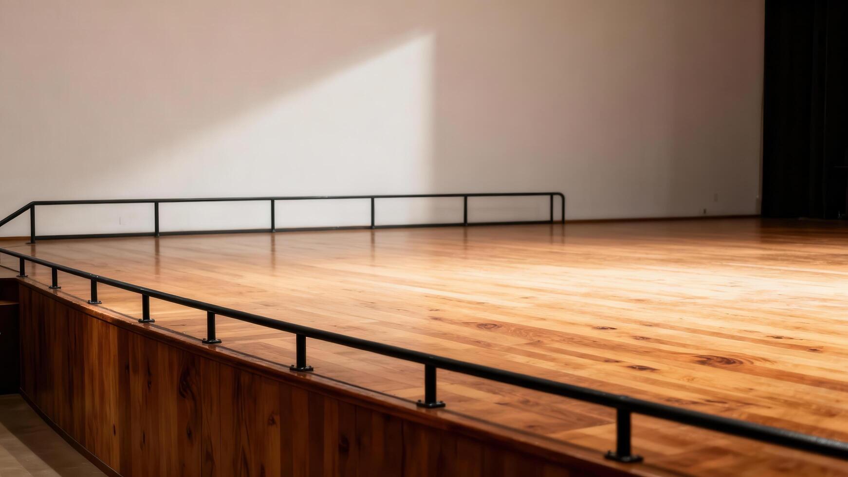 Empty wooden stage area features a polished floor and protective railings under soft lighting photo