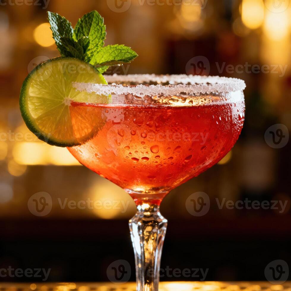 Refreshing ruby colored beverage garnished with lime and mint sits on a bar photo