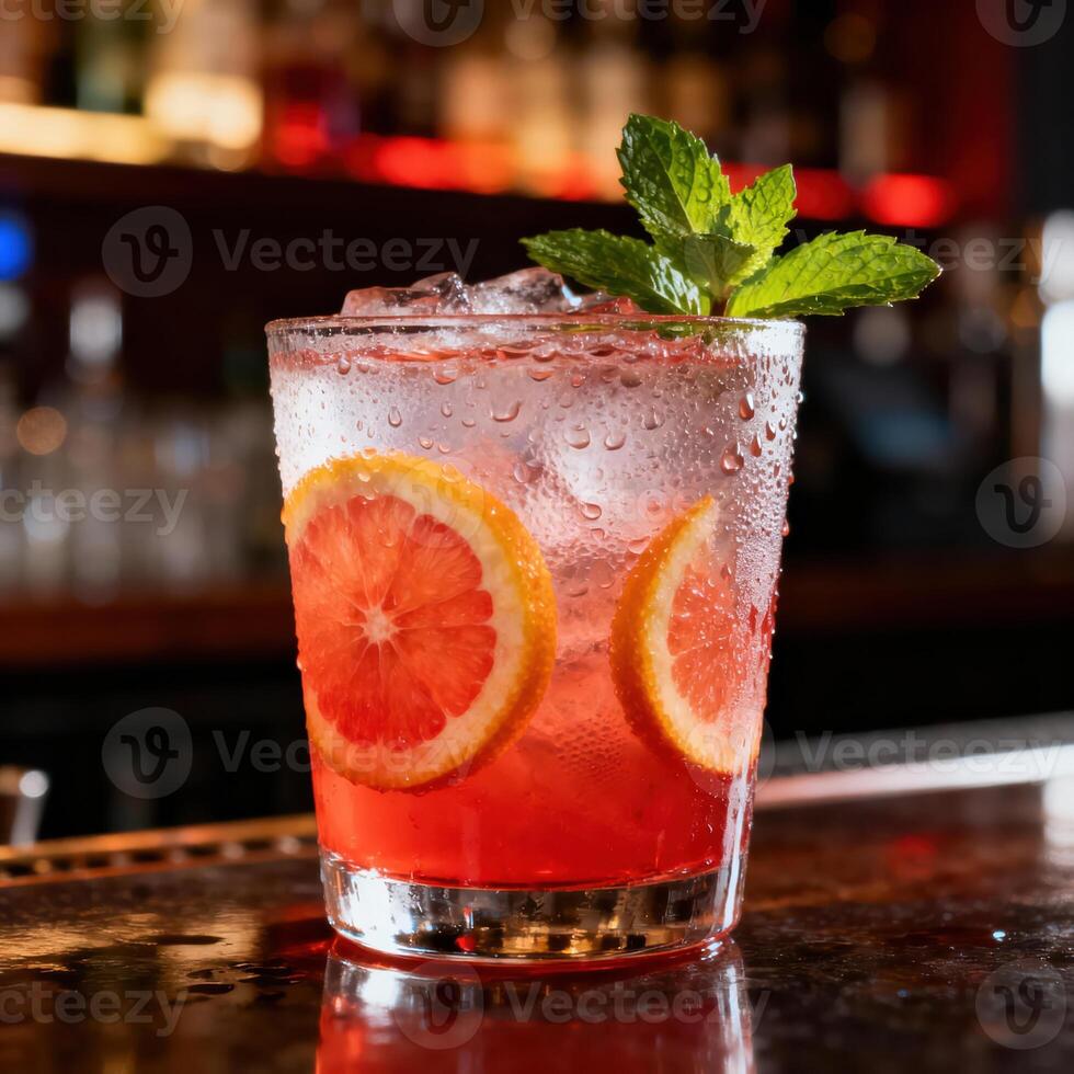Chilled ruby colored refreshment garnished with citrus slices and mint sits upon a reflective bar top photo