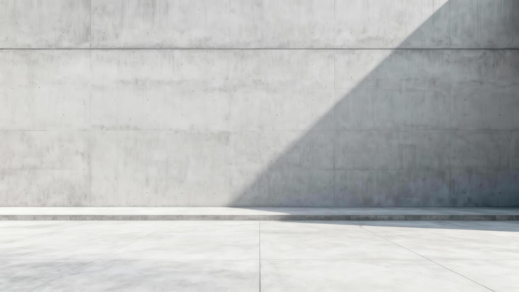 Minimalist architecture features a textured gray wall casting a dramatic diagonal shadow across a flat floor photo